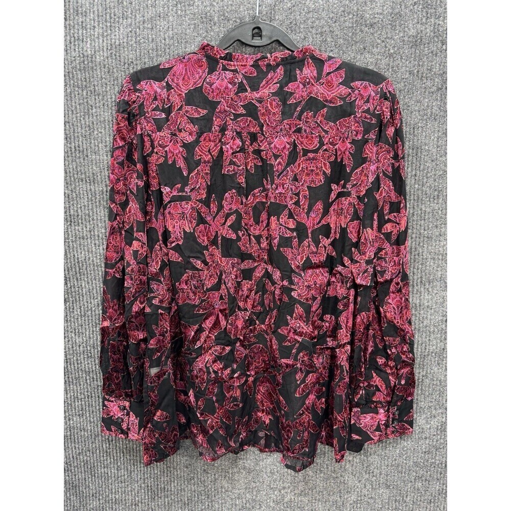 J. Jill Burnout Semi Sheer Top Womens Large Red Black Floral Button Long Sleeve - Picture 5 of 12